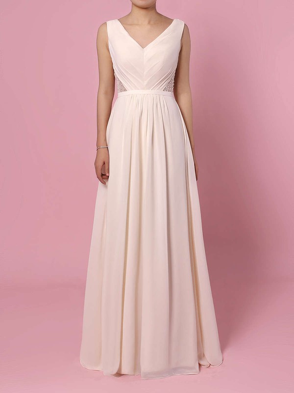 Chiffon V-neck A-line Floor-length Lace Bridesmaid Dresses #LDB01013470