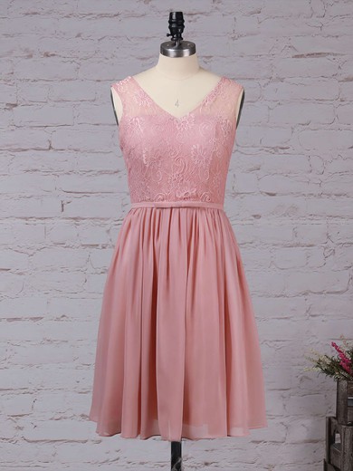 Lace Chiffon V-neck A-line Knee-length Sashes / Ribbons Bridesmaid Dresses #LDB01013497