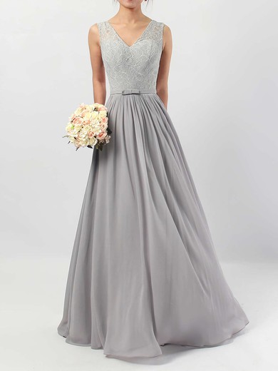 Lace Chiffon V-neck A-line Floor-length Sashes / Ribbons Bridesmaid Dresses #LDB01013498