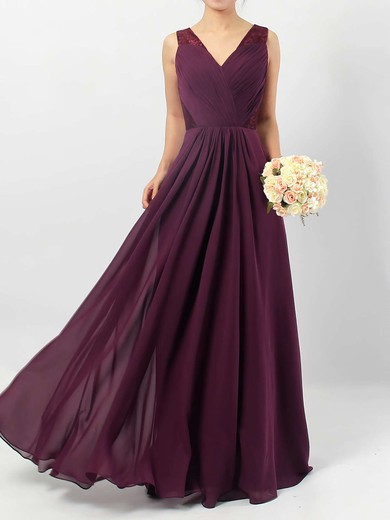 Lace Chiffon V-neck A-line Floor-length Ruffles Bridesmaid Dresses #LDB01013513