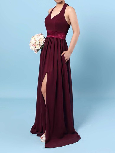 Chiffon Halter A-line Floor-length Sashes / Ribbons Bridesmaid Dresses #LDB01013563