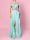 Chiffon Tulle Scoop Neck Sweep Train A-line Split Front Prom Dresses #LDB020105059