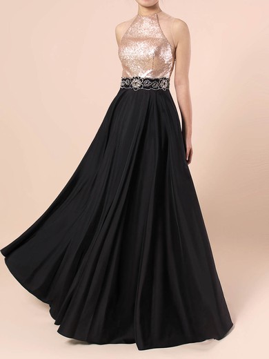 Satin Sequined Scoop Neck Floor-length A-line Beading Prom Dresses #LDB020105061