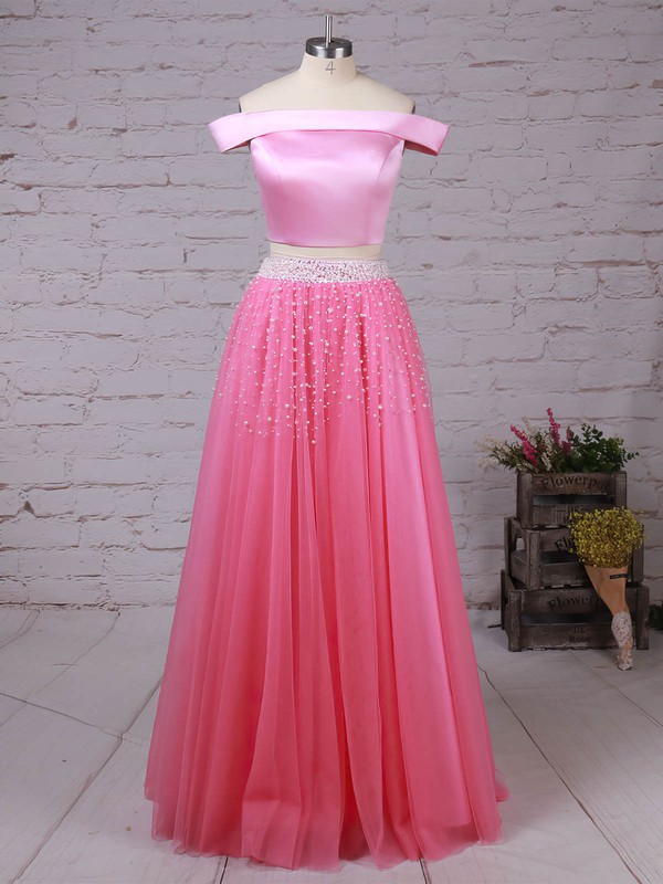 Satin Tulle Off-the-shoulder Floor-length Princess Beading Prom Dresses #LDB020105077