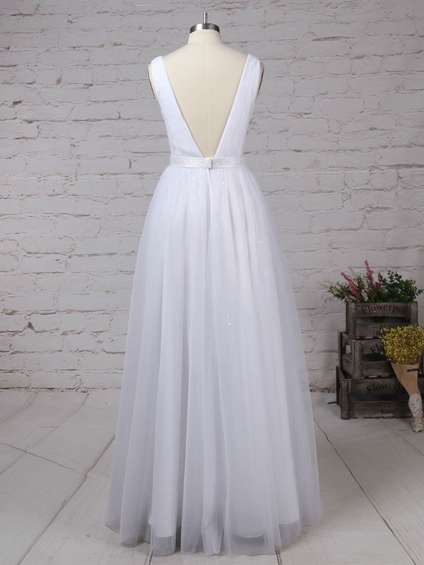 Tulle V-neck Floor-length A-line Sashes / Ribbons Prom Dresses #LDB020105079