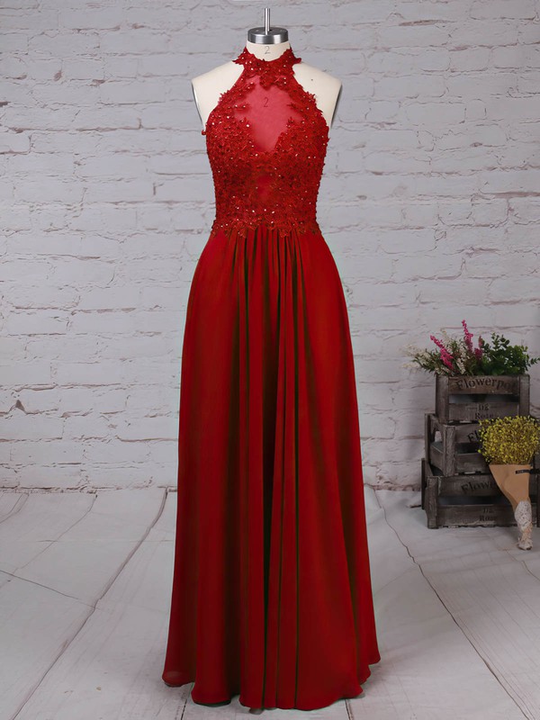 Chiffon Tulle Halter Floor-length A-line Appliques Lace Prom Dresses #LDB020105094