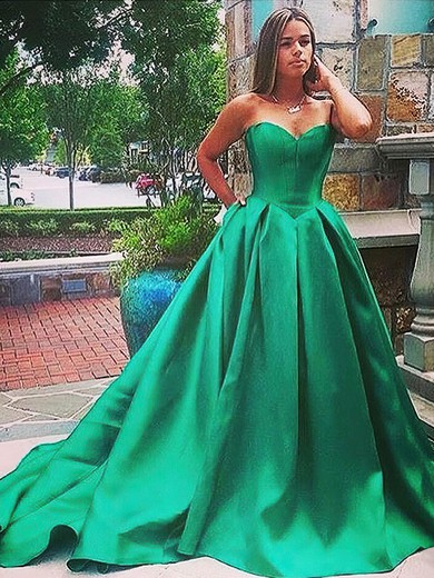 Satin Sweetheart Sweep Train Ball Gown Ruched Prom Dresses #LDB020105104