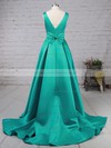 Satin V-neck Sweep Train Princess Bow Prom Dresses #LDB020105106