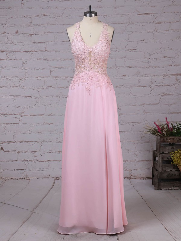 Tulle Chiffon V-neck Floor-length A-line Appliques Lace Prom Dresses #LDB020105116