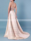 Satin Tulle Scoop Neck Sweep Train Ball Gown Beading Prom Dresses #LDB020105136