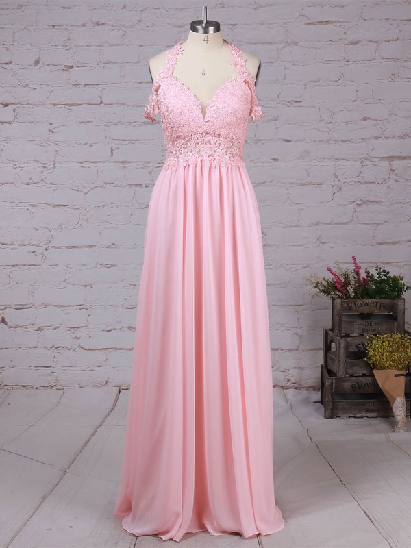 Chiffon Tulle V-neck Floor-length A-line Beading Prom Dresses #LDB020105842