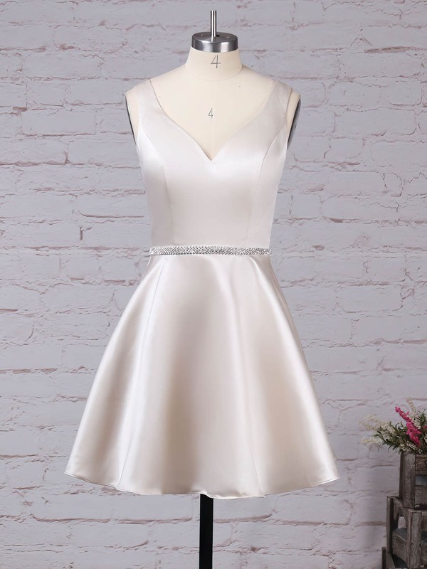 Satin V-neck Short/Mini A-line Beading Prom Dresses #LDB020105873