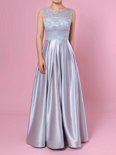 Lace Satin Scoop Neck Floor-length Princess Pockets Prom Dresses #LDB020105913