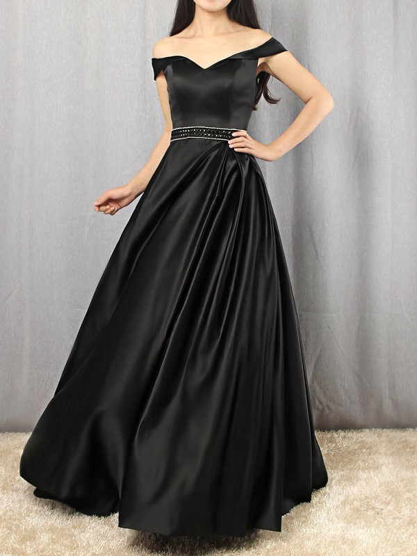 Satin Off-the-shoulder Floor-length Princess Beading Prom Dresses #LDB020105925