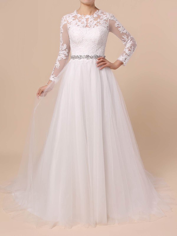 Tulle Scoop Neck Ball Gown Sweep Train Appliques Lace Wedding Dresses #LDB00023354