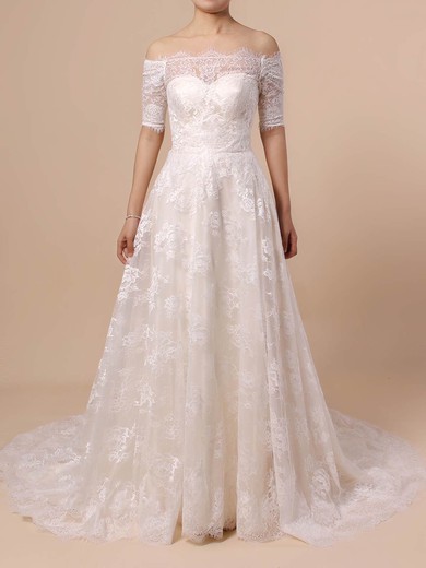 Lace Off-the-shoulder Princess Sweep Train Wedding Dresses #LDB00023397