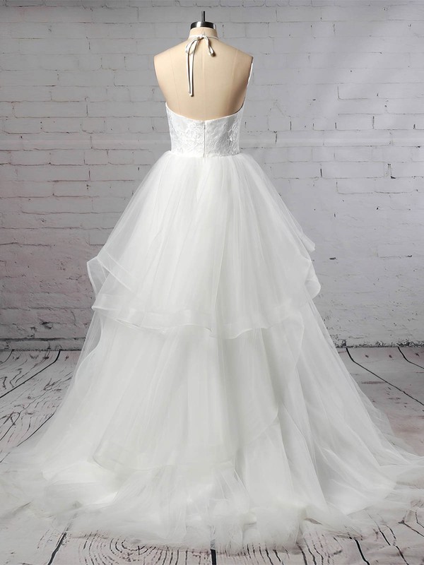 Tulle Halter Ball Gown Sweep Train Lace Wedding Dresses #LDB00023421