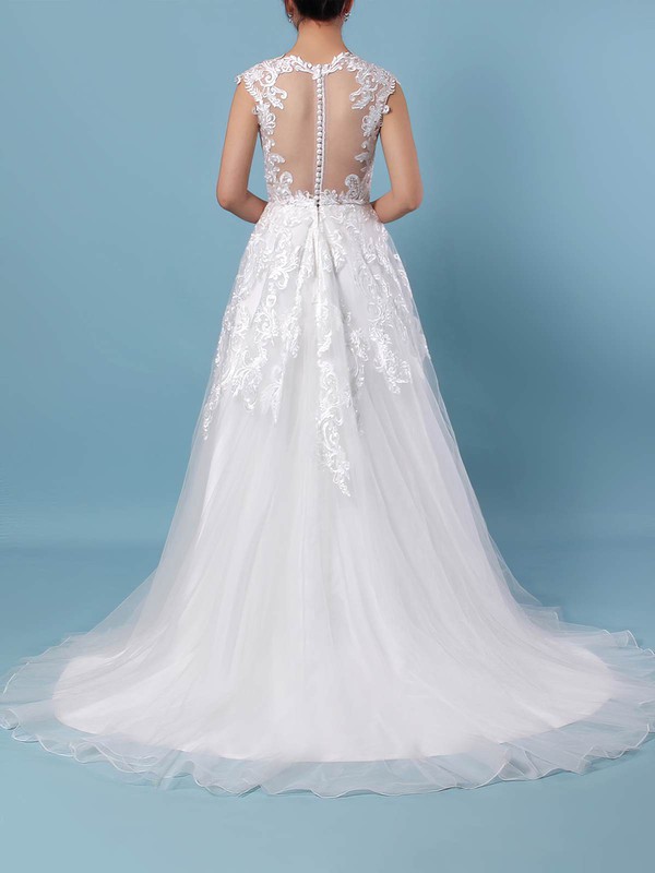Tulle Scoop Neck A-line Sweep Train Appliques Lace Wedding Dresses #LDB00023431