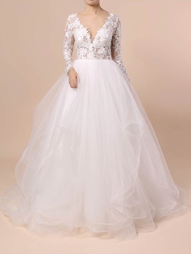 Organza Tulle V-neck Ball Gown Sweep Train Cascading Ruffles Wedding Dresses #LDB00023436