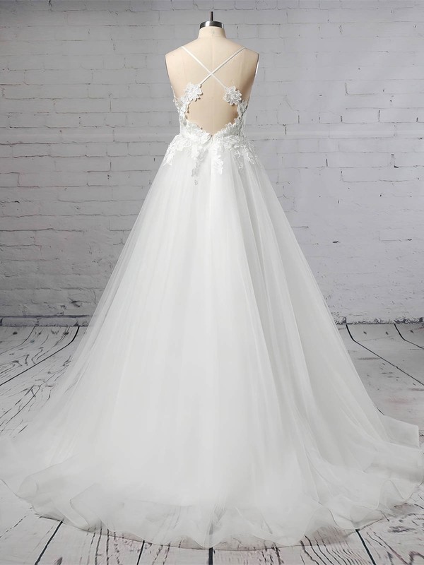 Tulle V-neck Ball Gown Sweep Train Appliques Lace Wedding Dresses #LDB00023438