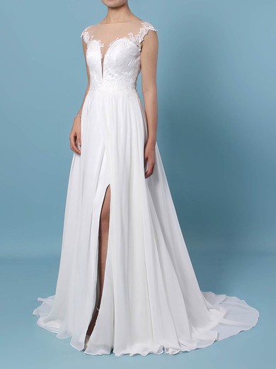 Chiffon Tulle Scoop Neck A-line Sweep Train Lace Wedding Dresses #LDB00023440