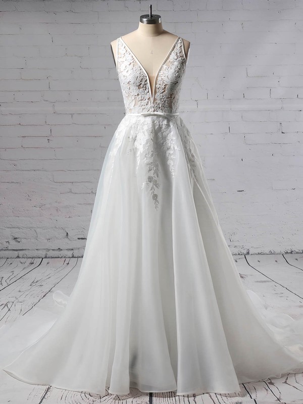 Organza Tulle V-neck A-line Sweep Train Appliques Lace Wedding Dresses #LDB00023442