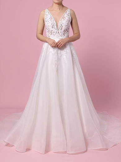 Organza Tulle V-neck A-line Sweep Train Appliques Lace Wedding Dresses #LDB00023442