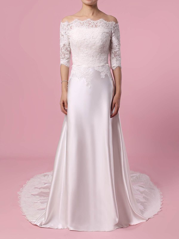 Lace Satin Off-the-shoulder Sheath/Column Sweep Train Appliques Lace Wedding Dresses #LDB00023445