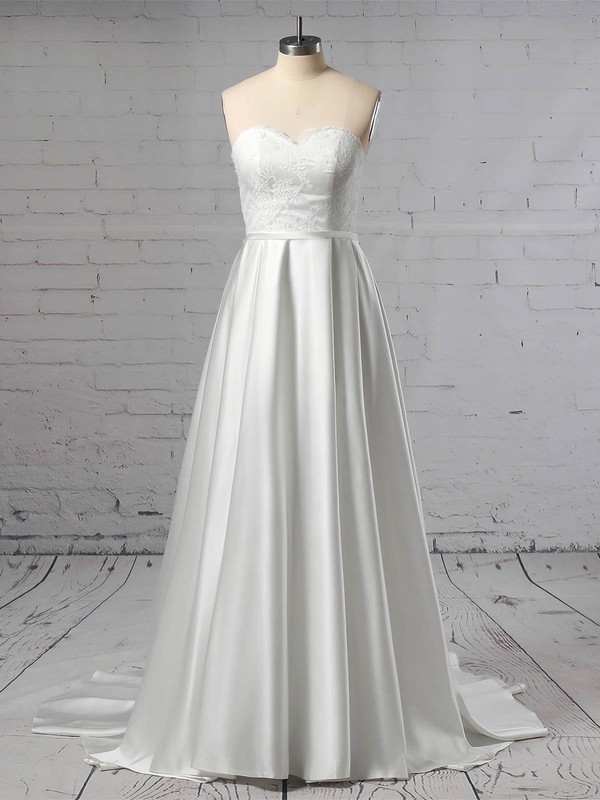 Lace Satin Scalloped Neck Ball Gown Sweep Train Sashes / Ribbons Wedding Dresses #LDB00023446