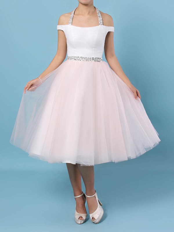Tulle Halter Ball Gown Tea-length Beading Wedding Dresses #LDB00023450