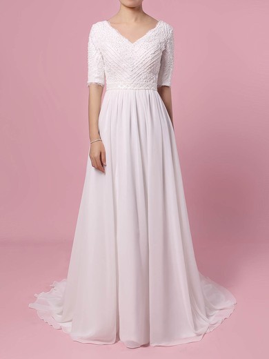 Lace Chiffon V-neck A-line Sweep Train Beading Wedding Dresses #LDB00023463