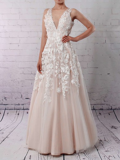 Tulle V-neck Princess Floor-length Appliques Lace Wedding Dresses #LDB00023122