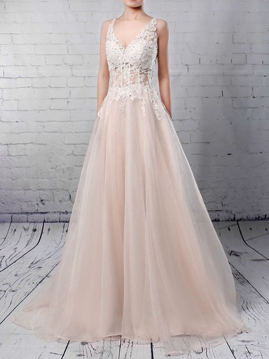 Tulle V-neck Ball Gown Sweep Train Appliques Lace Wedding Dresses #LDB00023220