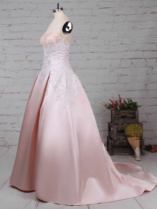 Satin Strapless Ball Gown Sweep Train Appliques Lace Wedding Dresses #LDB00023235