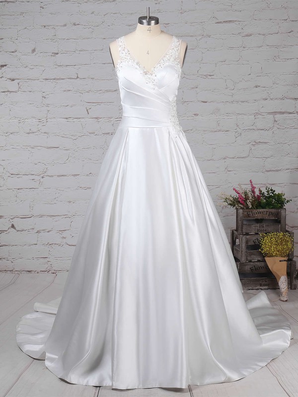 Satin Tulle V-neck Ball Gown Sweep Train Beading Wedding Dresses #LDB00023239