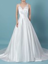 Satin Tulle V-neck Ball Gown Sweep Train Beading Wedding Dresses #LDB00023239