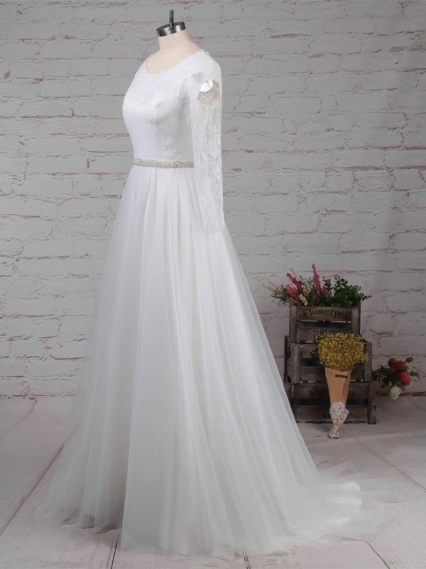 Lace Tulle Scoop Neck Princess Sweep Train Beading Wedding Dresses #LDB00023246