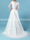 Lace Tulle Scoop Neck Princess Sweep Train Beading Wedding Dresses #LDB00023246