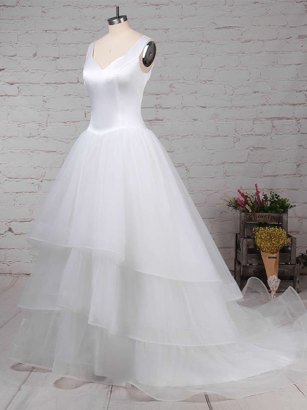 Satin Tulle V-neck Ball Gown Sweep Train Tiered Wedding Dresses #LDB00023312
