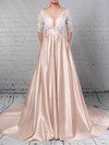 Satin Tulle Scoop Neck Ball Gown Sweep Train Appliques Lace Wedding Dresses #LDB00023314