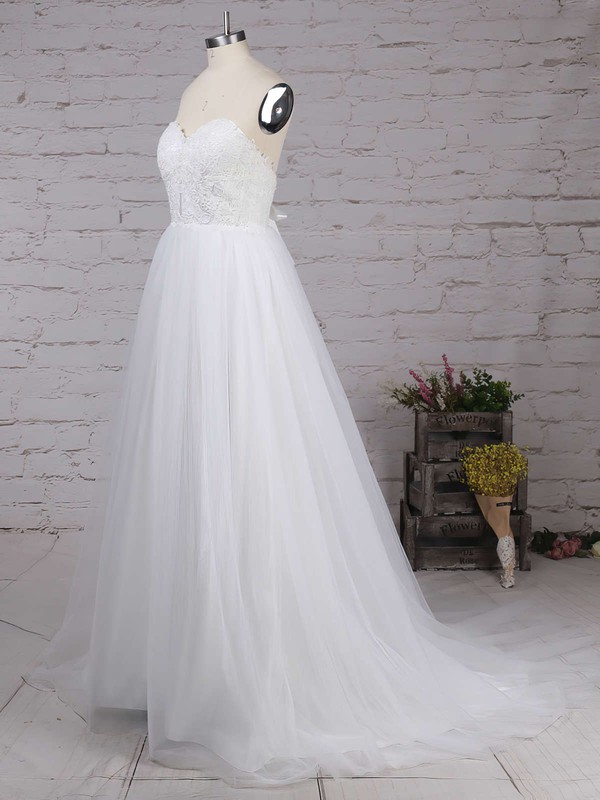 Tulle Sweetheart A-line Sweep Train Appliques Lace Wedding Dresses #LDB00023130