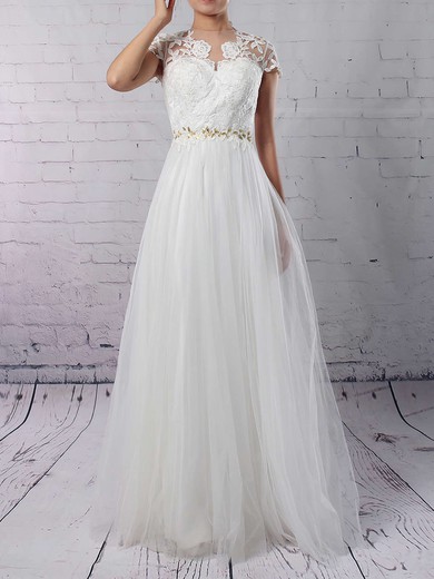 Tulle Scoop Neck A-line Floor-length Beading Wedding Dresses #LDB00023133