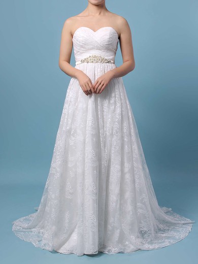 Lace Sweetheart A-line Sweep Train Sashes / Ribbons Wedding Dresses #LDB00023136