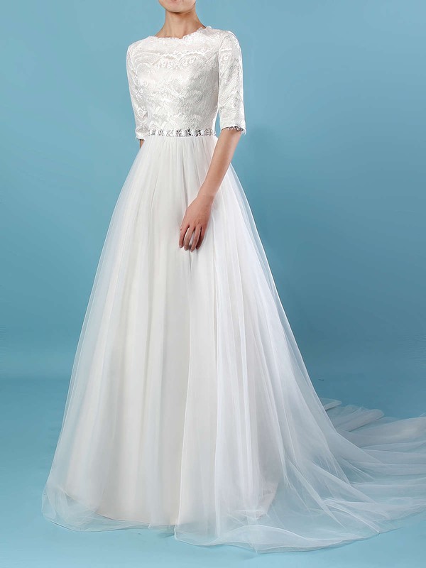 Lace Tulle Scalloped Neck A-line Sweep Train Beading Wedding Dresses #LDB00023179