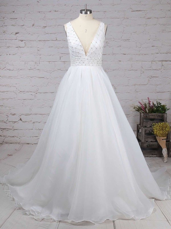 Organza Tulle V-neck Ball Gown Sweep Train Beading Wedding Dresses #LDB00023224