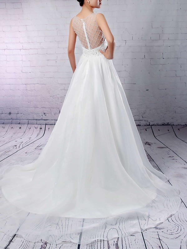Organza Tulle V-neck Ball Gown Sweep Train Beading Wedding Dresses #LDB00023224