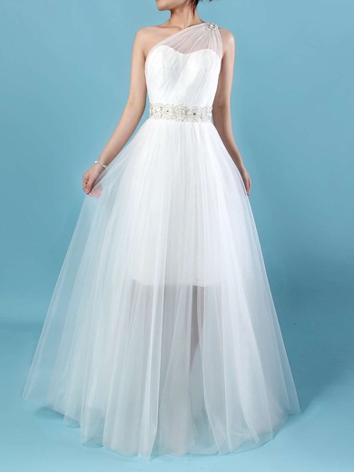Lace Tulle One Shoulder Princess Ankle-length Beading Wedding Dresses #LDB00023245