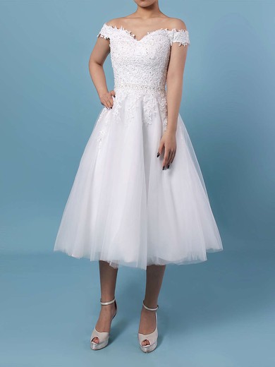 Tulle Off-the-shoulder Ball Gown Tea-length Beading Wedding Dresses #LDB00023267