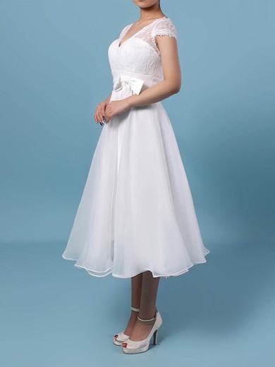 Lace Chiffon V-neck Princess Tea-length Sashes / Ribbons Wedding Dresses #LDB00023270