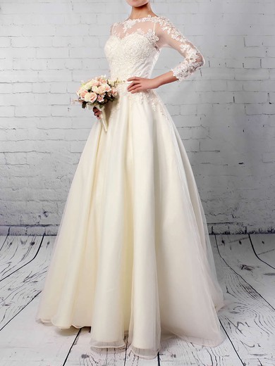 Tulle Scoop Neck Ball Gown Sweep Train Appliques Lace Wedding Dresses #LDB00023285
